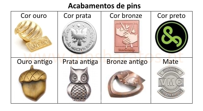 Acabamentos de pins personalizados.